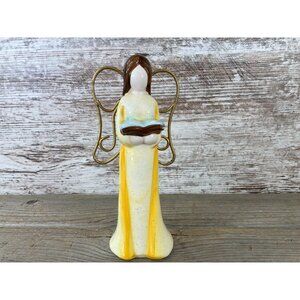 Ceramic Angel Figurine Holding Book Yellow Glittered Dress 7.25" Tall